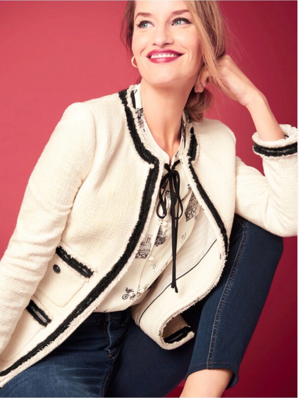 Talbots Cream Tweed Blazer with Black Trim Accents size 16 new